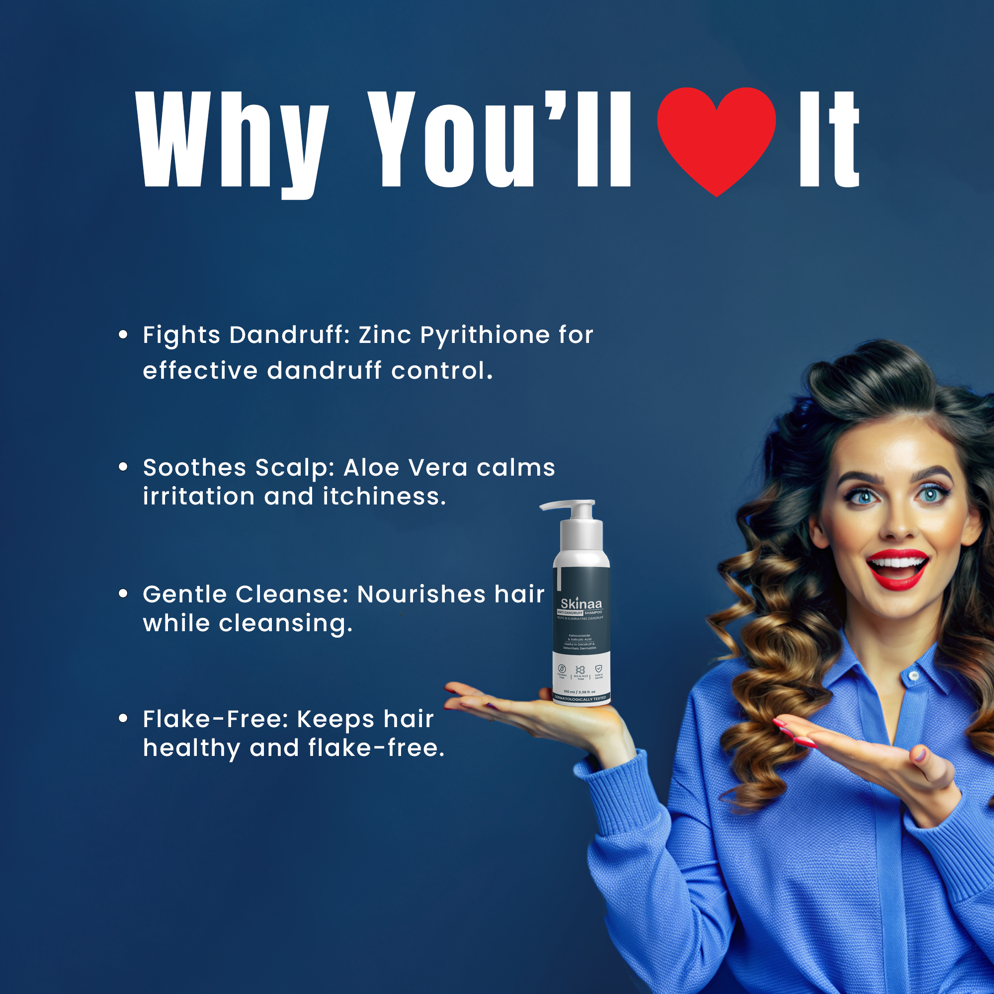 Smiling woman holding Skinaa Anti-Dandruff Shampoo with benefits including dandruff control, soothing aloe vera, gentle cleansing, and flake-free healthy hair